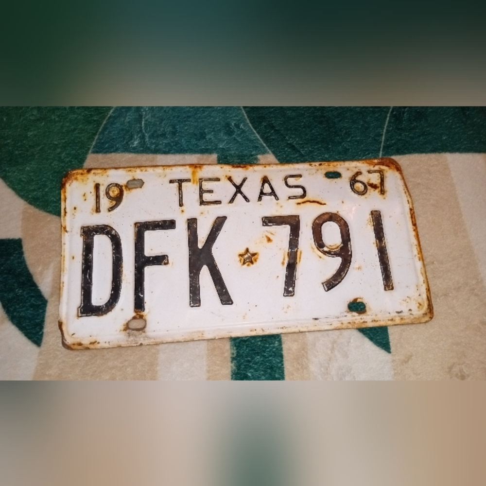1967 Texas License Plate # DFK 791 White And Black.